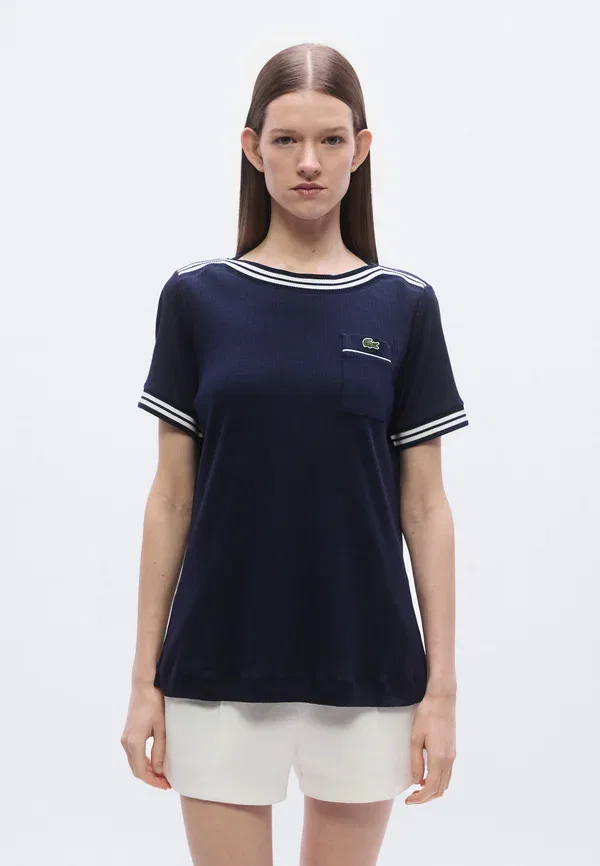 Футболка Lacoste Классическая, однотонная, бело-синяя — фото 3