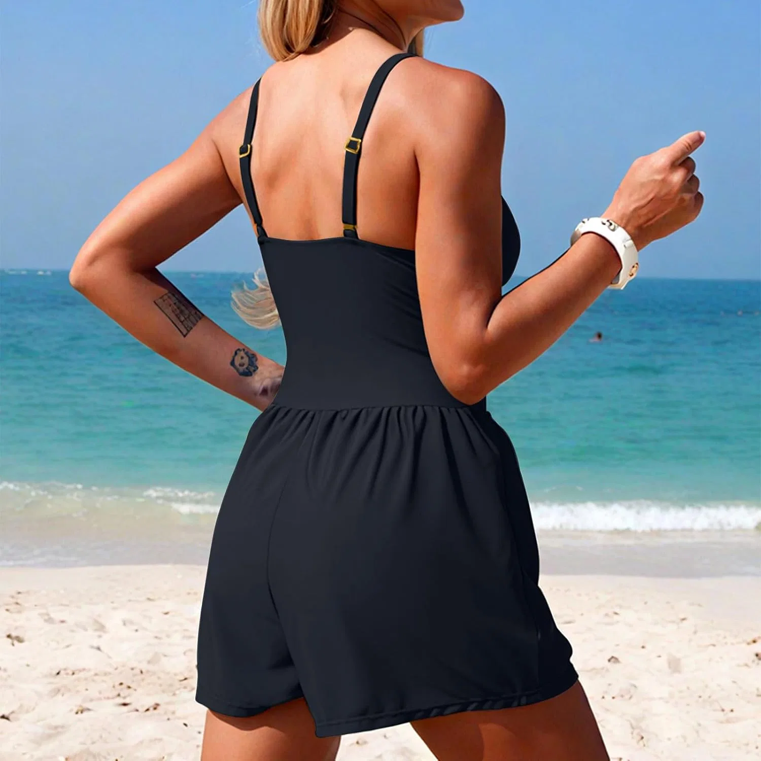 Купальник One Piece Tankini для женщин, повседневный, с V-образным вырезом, рашгард, шикарный, с эффектом контроля живота и карманом Generic, черный — фото 4