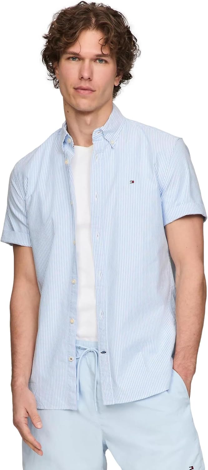 

Мужская рубашка-оксфорд с коротким рукавом, классического кроя, Tommy Hilfiger, коллекция 2024, размер S, белый, Copenhagen Blue/Optic White