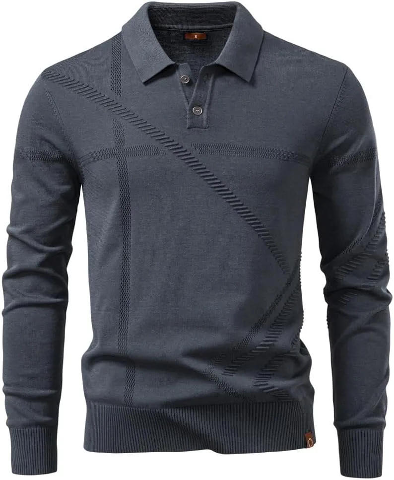 

Мужской поло-свитер с длинным рукавом для бизнес-кэжуал, высокоэластичный трикотаж, фактурный дизайн для осени и зимы WNBEOT