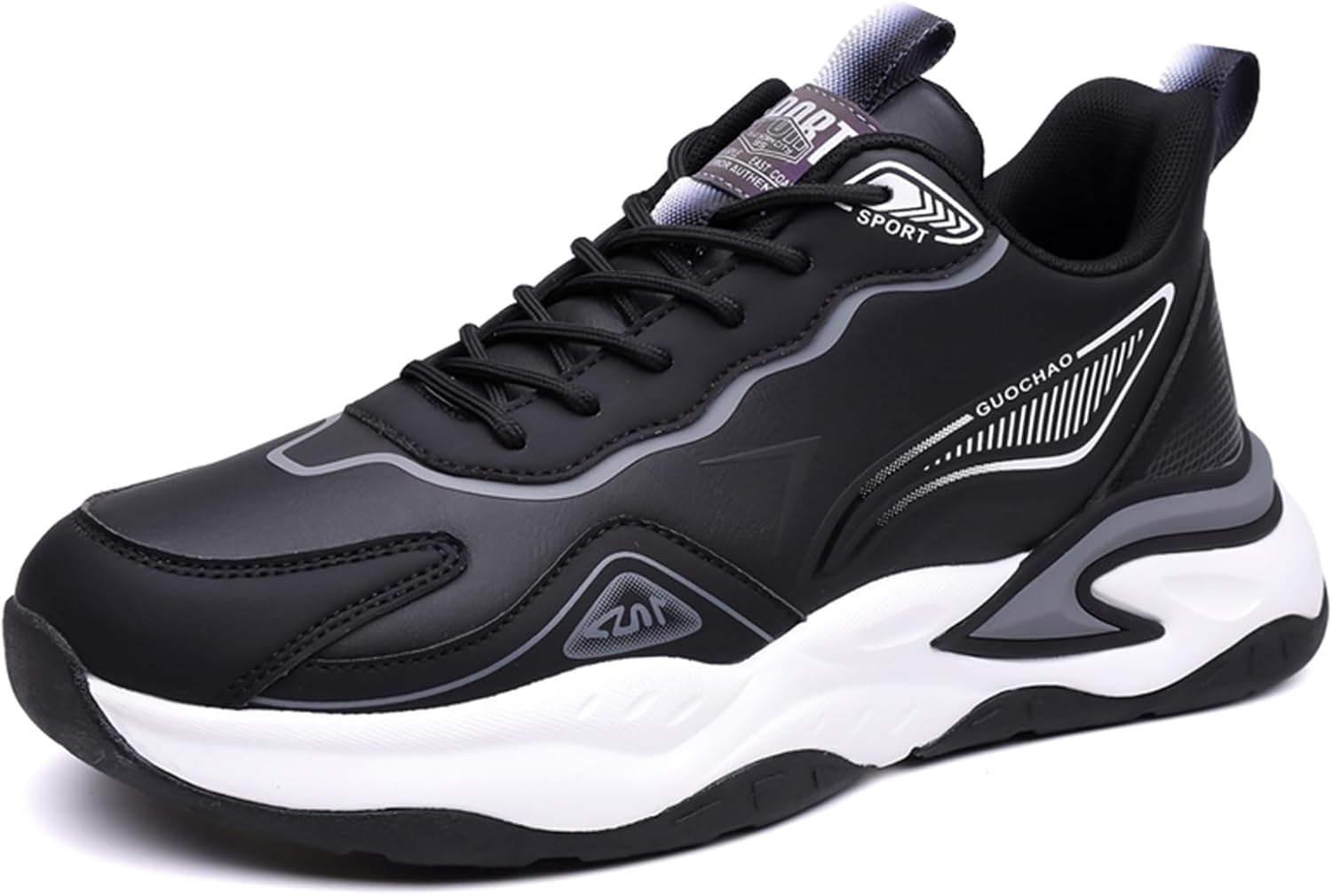 

Мужские кроссовки из кожи с легкой амортизацией, для повседневной носки и бега, с круглым носком, шнуровкой, противоскользящие, стильные спортивные туфли, подходят для бега, ходьбы и бадминтона Qaoterod, черный