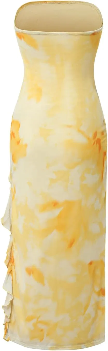 Женское летнее платье Printed Strapless Tube Bodycon Maxi с боковым разрезом и слоями из сетки generic, желтый — фото 2