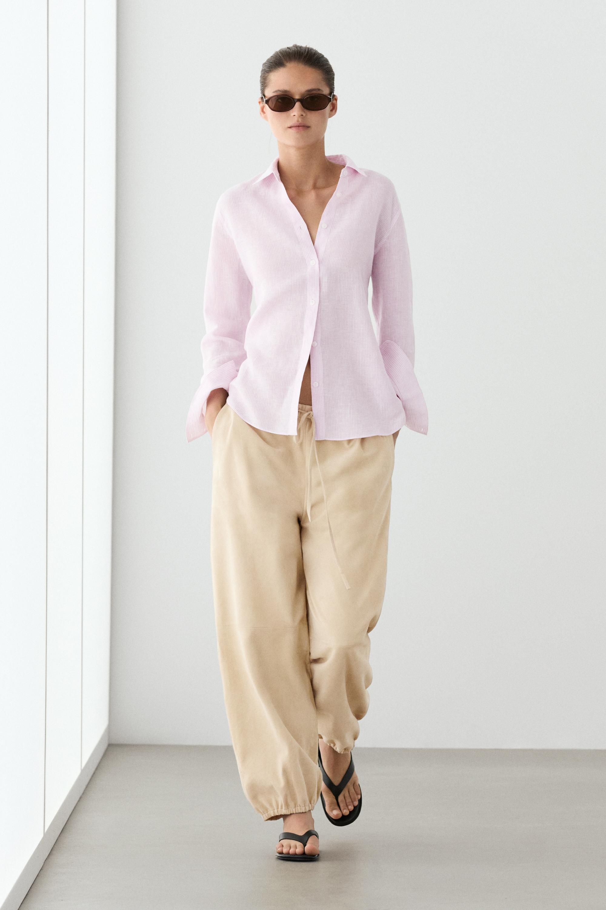 Рубашка Massimo Dutti 100% Linen With Striped Details, розовый — фото 2