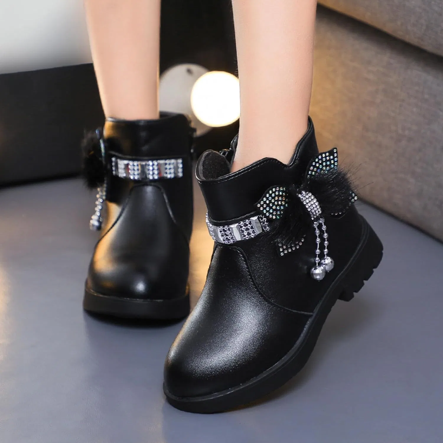 Детские зимние ботинки для девочек на молнии IWIHMIV, Black — фото 3