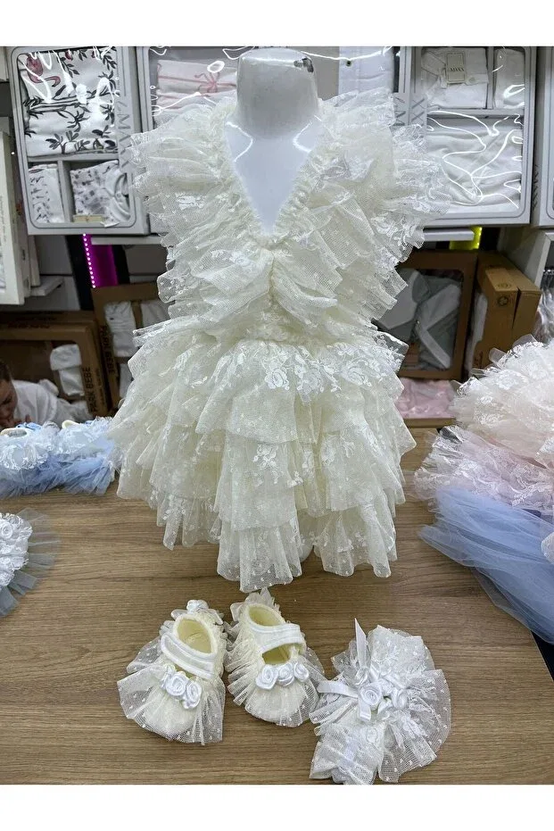 Детский комплект для девочек кружевной и тюлевый Mevlüt Set Park Bebe, White — фото 4