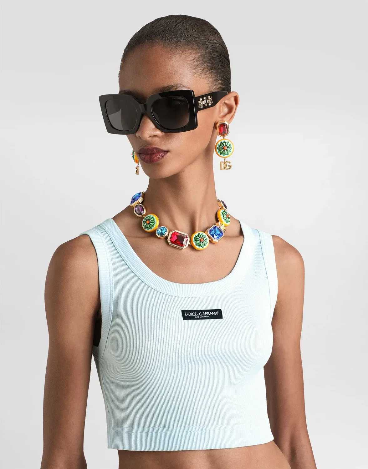 Укороченный хлопковый топ на бретельках с логотипом DOLCE & GABBANA, голубой — фото 2