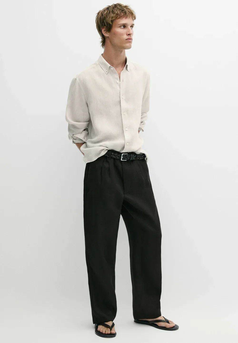 Брюки из 100% льна с вытачками Massimo Dutti, Black — фото 2