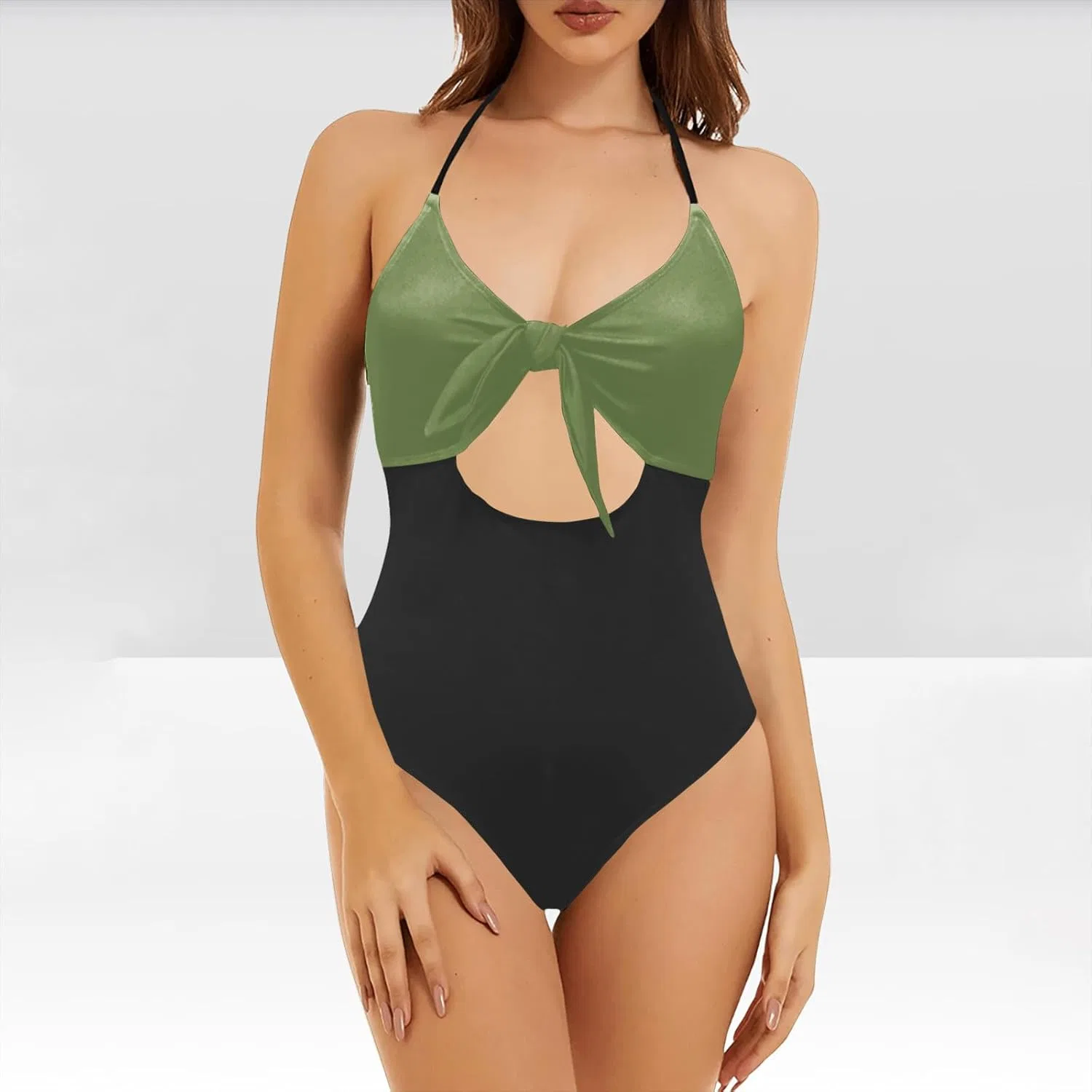 Женский цельный купальник с вырезами и завязками спереди, Green — фото 2