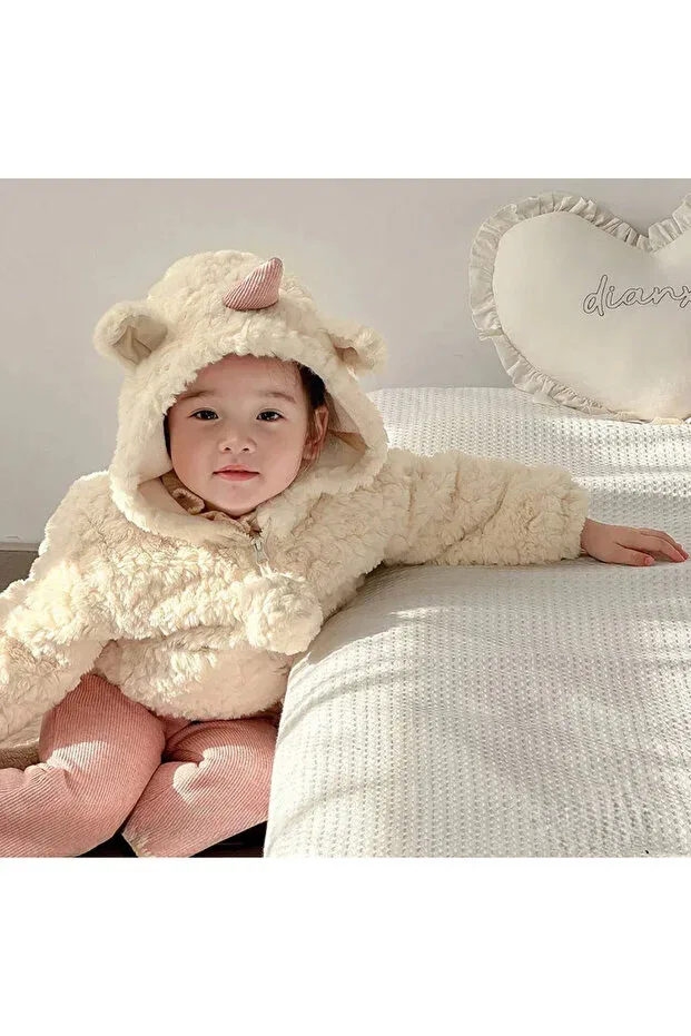 Детское зимнее пальто для девочек плюшевое с принтом Baby Girl Unicorn Winter Seasonal Plush Coat Cute Velvet Lined Melisam.Msg, Ecru — фото 4