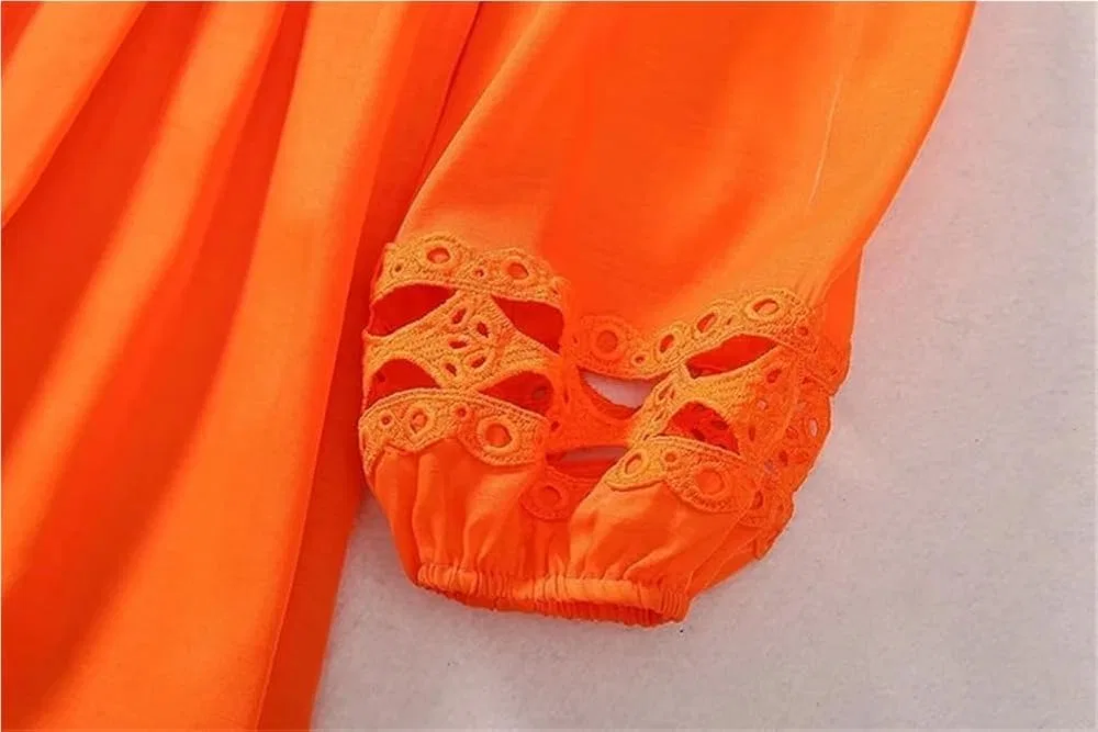 Женское платье с воланами и принтом, Flowy Ruffled Flowing Long Skirt Splice Summer Women's Elegant Embossed Dress Hollow Casual Cascading Draped Design Gown, оранжевый — фото 4