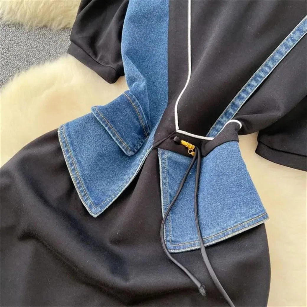 Женское джинсовое платье с пачворком Crewneck Puff Sleeve, Black — фото 2