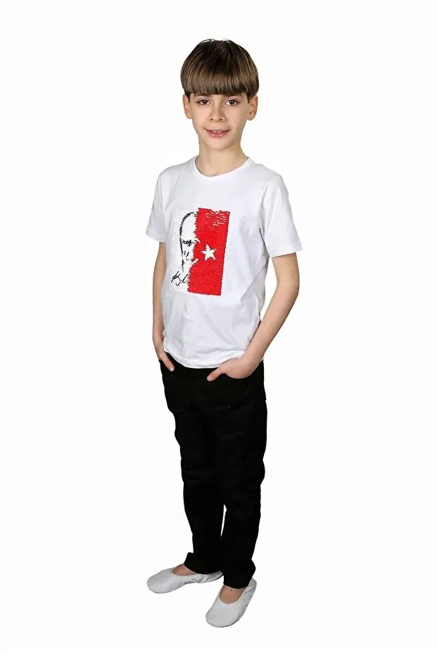 Детская футболка с принтом Unisex children's show spinning sequin atatürk-turkish flag t-shirt Generic Brands, White