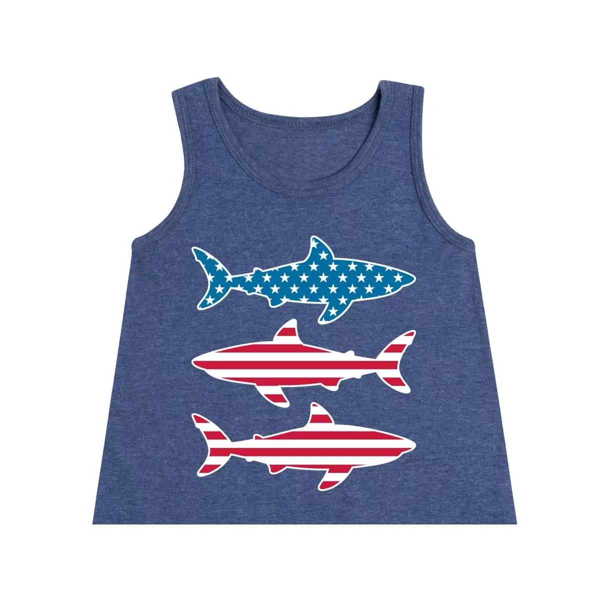 Детское платье-трапеция без рукавов с принтом Shark American Flag Instant Message, Heather Navy — фото 2