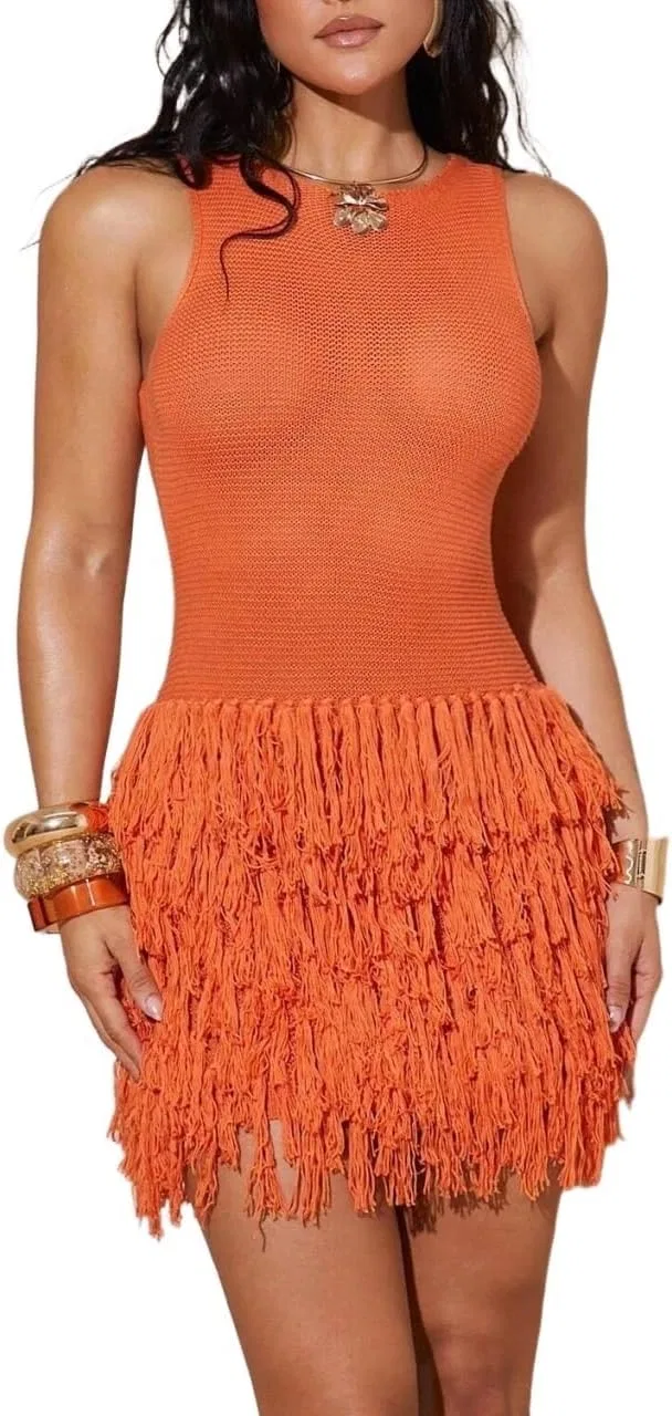 Женское мини-платье с бахромой Knit, Orange
