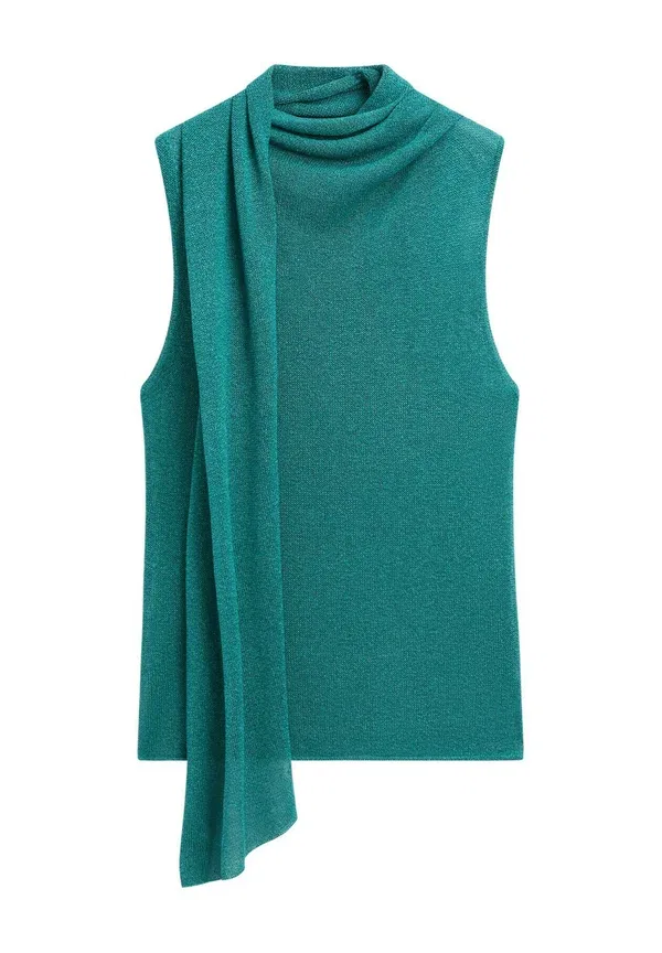 Топ с шарфом из бумаги, хлопка и вискозы High neck top with scarf detail Massimo Dutti, turquoise, бирюзовый — фото 4