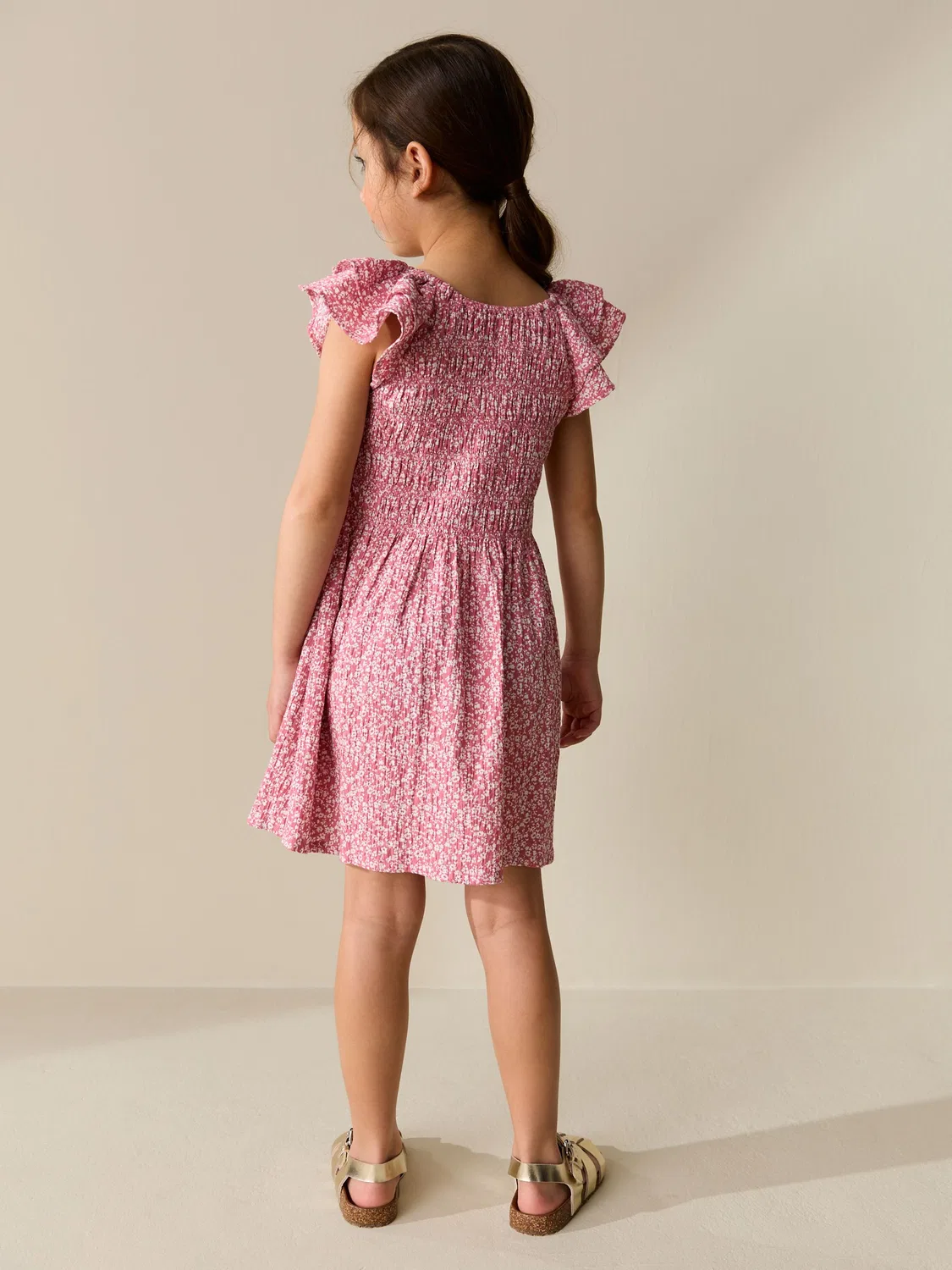 Платье с цветочным принтом, Smocked Frill Sleeve Next, розовый — фото 3