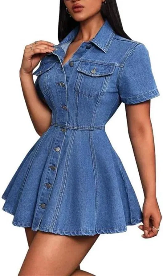 Женское джинсовое мини-платье А-силуэта Single-Breasted, Blue — фото 4