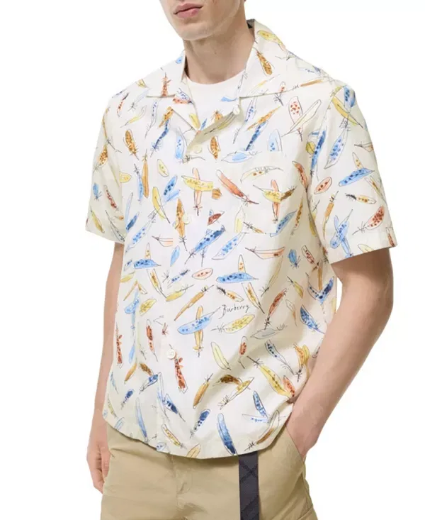 Мужская рубашка с принтом Relaxed fit feather print cotton shirt Burberry, Ink Blue
