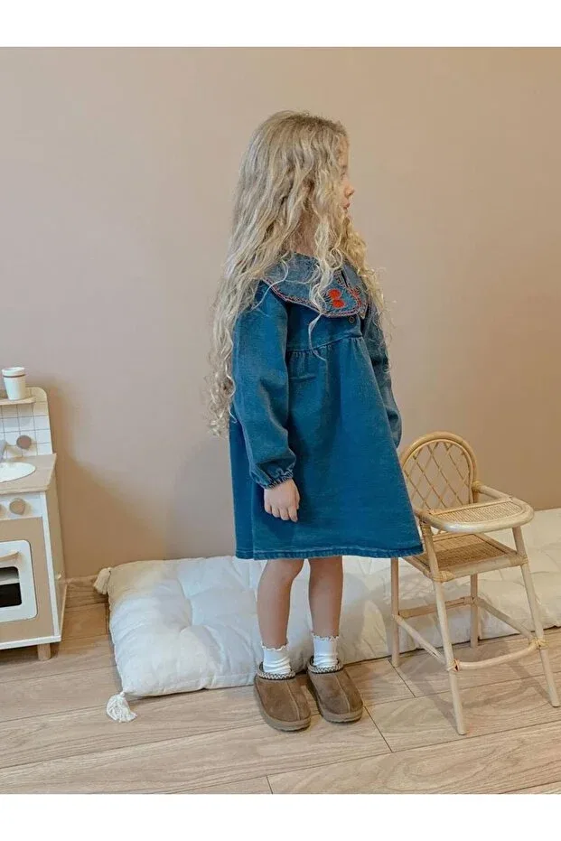 Детское джинсовое платье для девочек с длинным рукавом Minik'O Kids, Blue — фото 3
