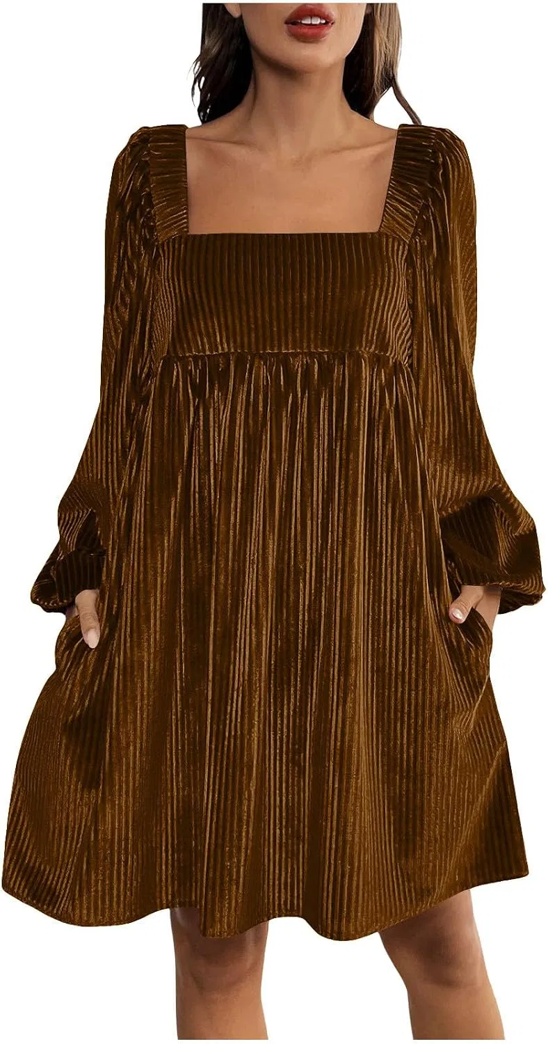 Женское платье из вельвета с длинным рукавом, A01#brown
