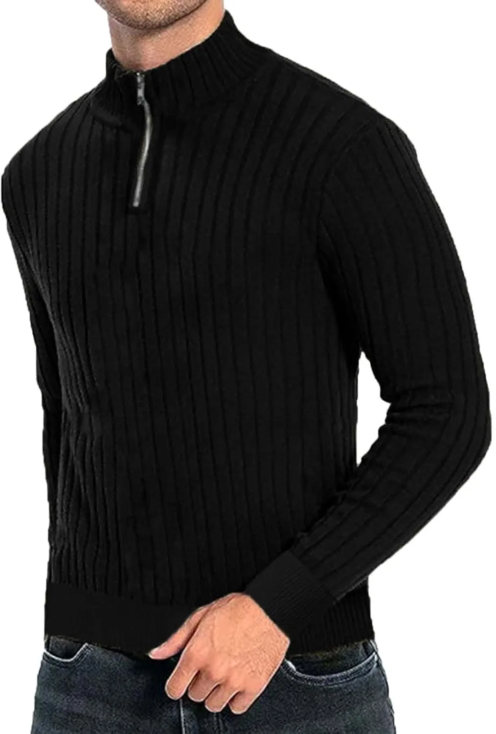 Мужская легкая вязаная рубашка с молнией Slim Fit, Black
