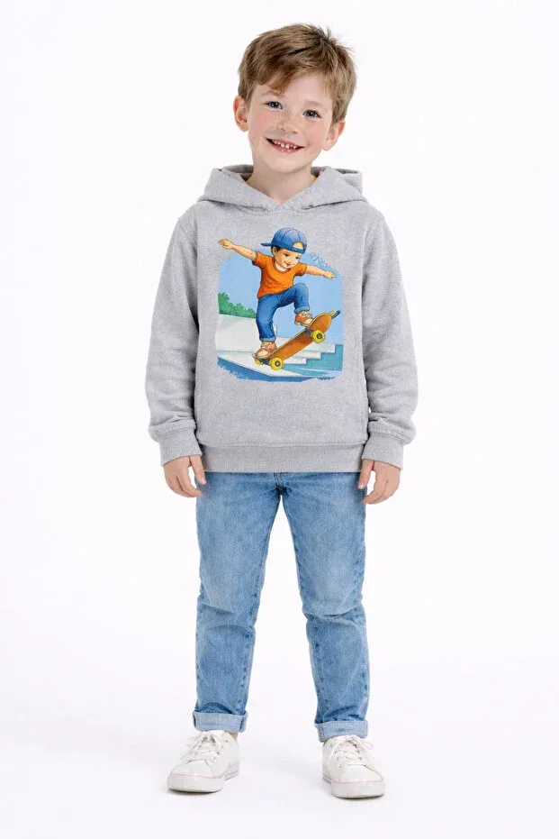 Детские свитшот для девочек с принтом Skateboard printed 3 thread fleece-lined hooded children's sweat Artyus, Gray