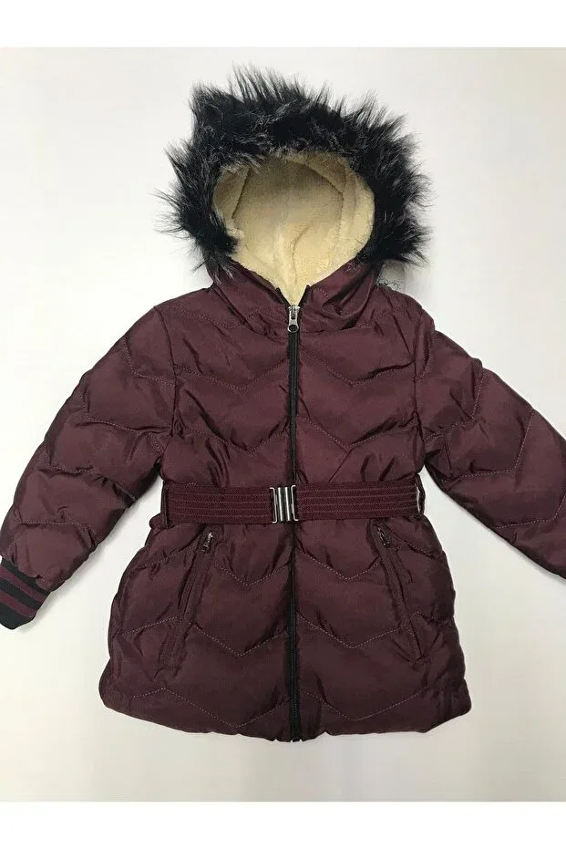 Детское зимнее пальто для девочек с капюшоном и поясом Winter zipper hooded with belt at the waist Baby Slon Kids Clup, Burgundy — фото 2