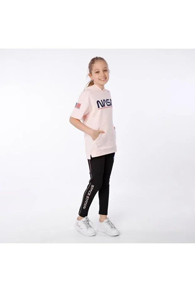 Детский комплект для девочек с принтом NASA Printed - Hooded T-Shirt And Embroidered Tights Set Black One, Somon — фото 3