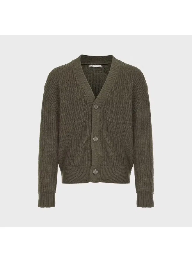 Кардиган свободного кроя с V-образным вырезом Zara, темно-зеленый — фото 2