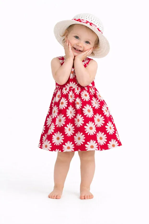 Детское платье для девочек с принтом Sweet baby girl daisy patterned style dress with hat summer combination Chicsy Baby, Red — фото 2