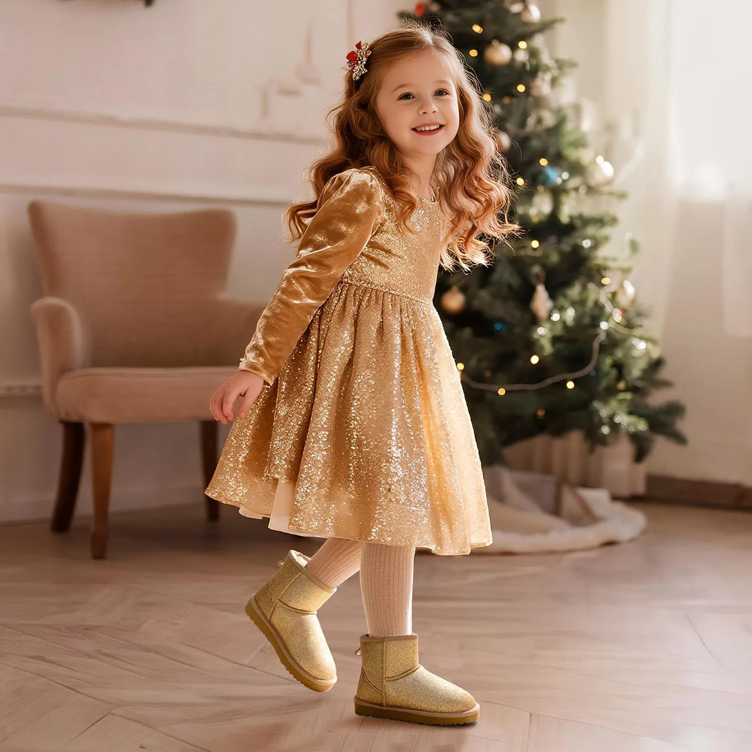 Детские зимние сапоги для девочек DREAM PAIRS, Gold — фото 2