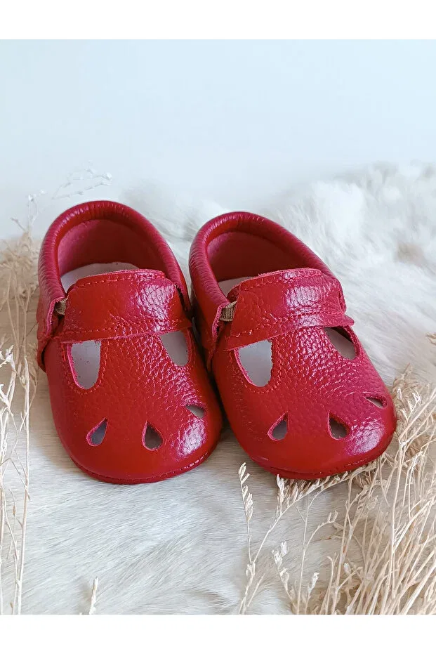 Детские пинетки для девочек кожаные Wizy red genuine leather baby booties moccasin Hodore, Dark Red — фото 3