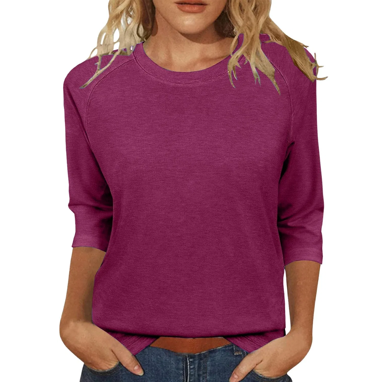 Женский топ с рукавом 3/4, круглым вырезом, однотонный, повседневный, Hot Pink