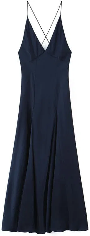 Женское длинное сатиновое платье на бретелях, Dark Blue