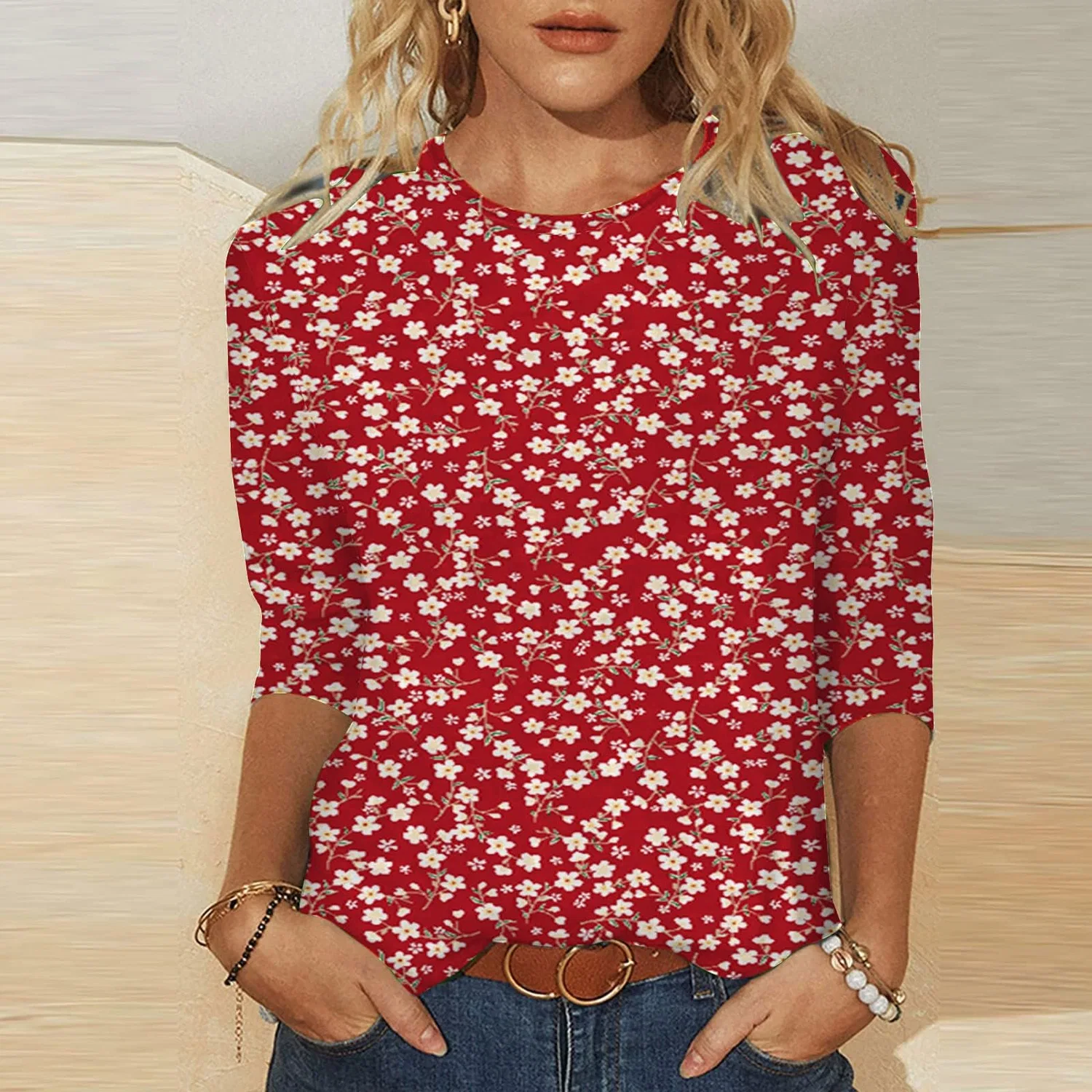 Женская футболка с принтом Plus Size T-Shirts 3/4 Sleeves, Red #1 — фото 2
