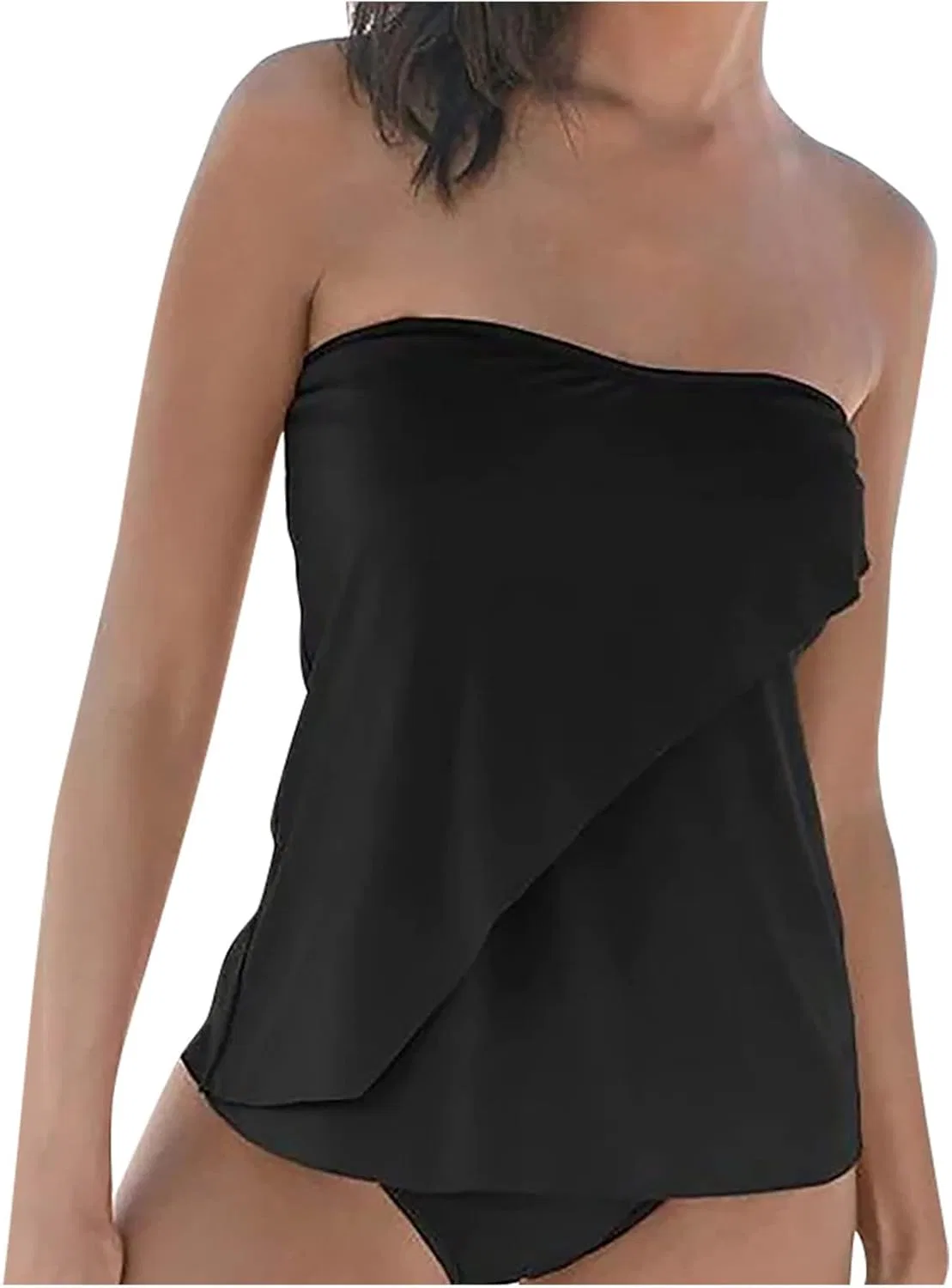 Женский танкини с блузоном без бретелек 2-piece, Black-1