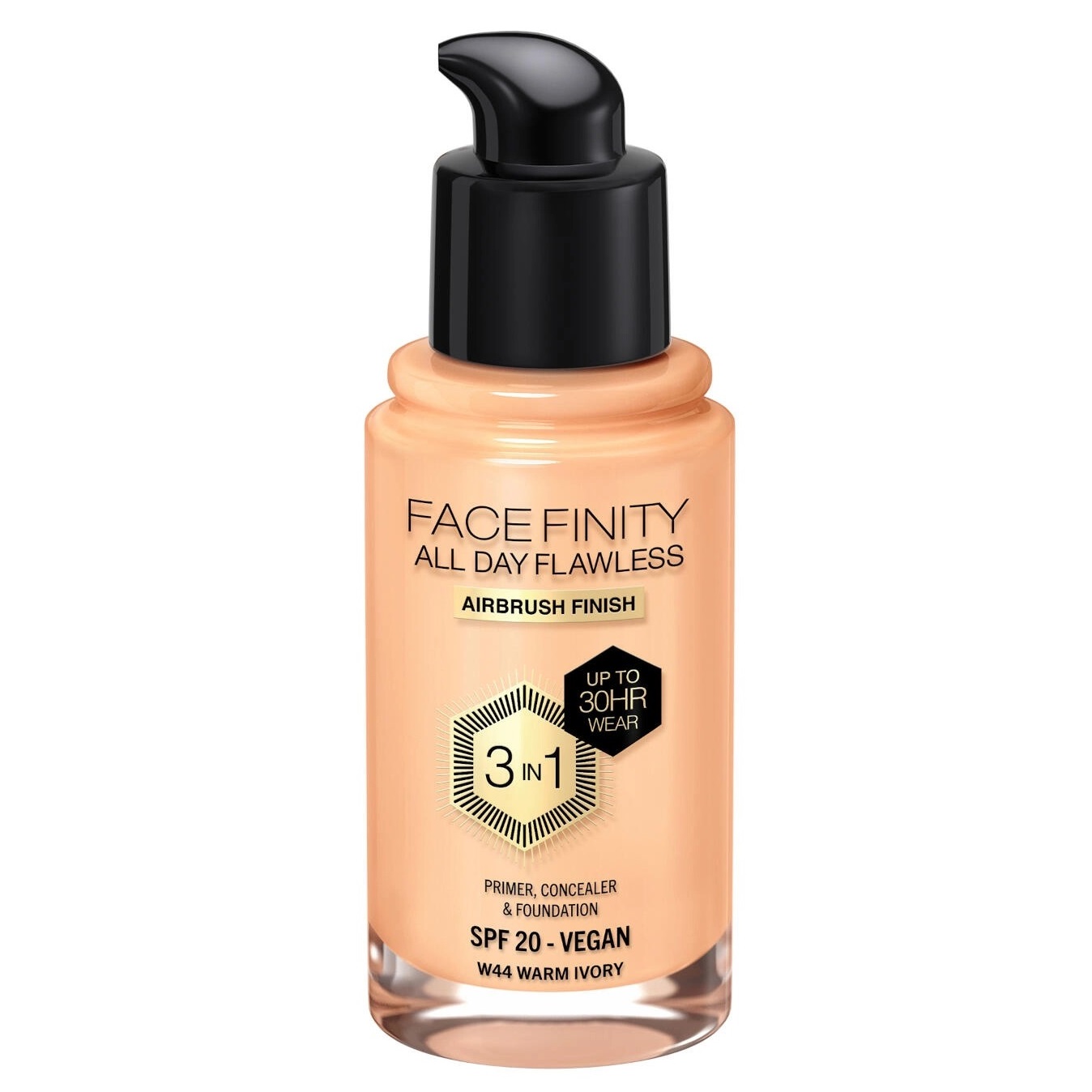 Тональная основа Max Factor Facefinity All Day Flawless 3in1 Spf20, W44 warm ivory, 30 мл — фото 2