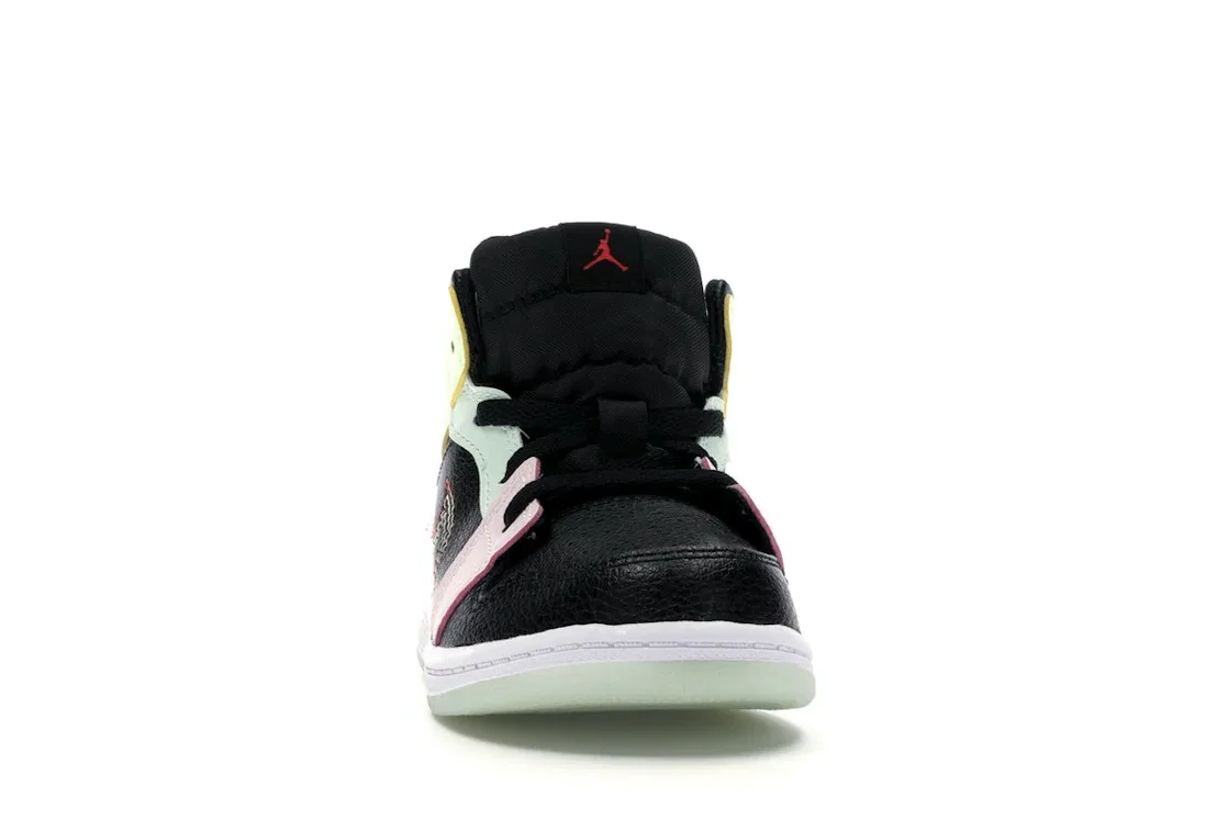 Детские кроссовки с принтом Jordan 1 Mid Glow-In-The-Dark Jordan, Black/Ember Glow-Barely Volt-Light Soft Pink-Jade Aura — фото 2