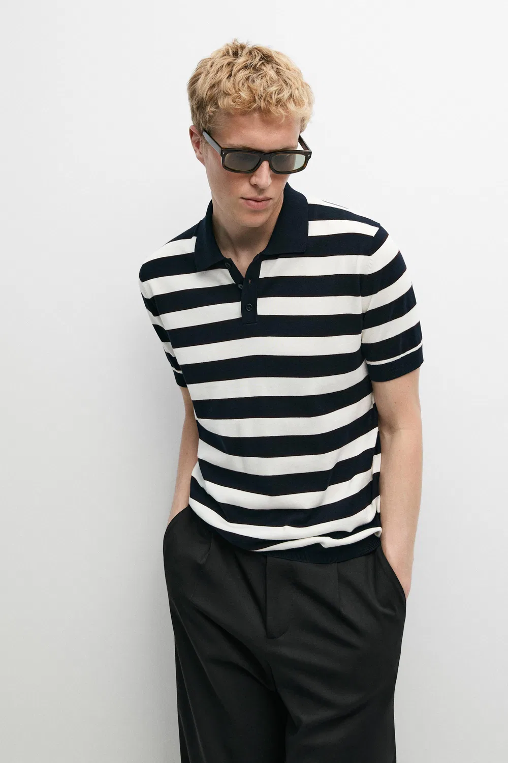 Поло Massimo Dutti 100% Cotton Striped Knit Shirt, темно-синий