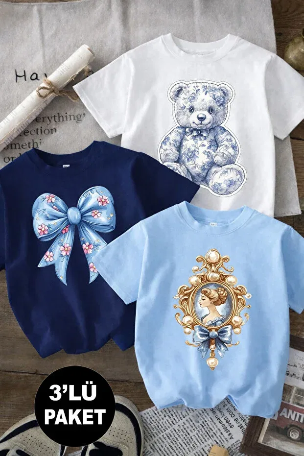 Детский комплект футболок для девочек с принтом Princess and toy and ribbon, Twins Tailors, Blue