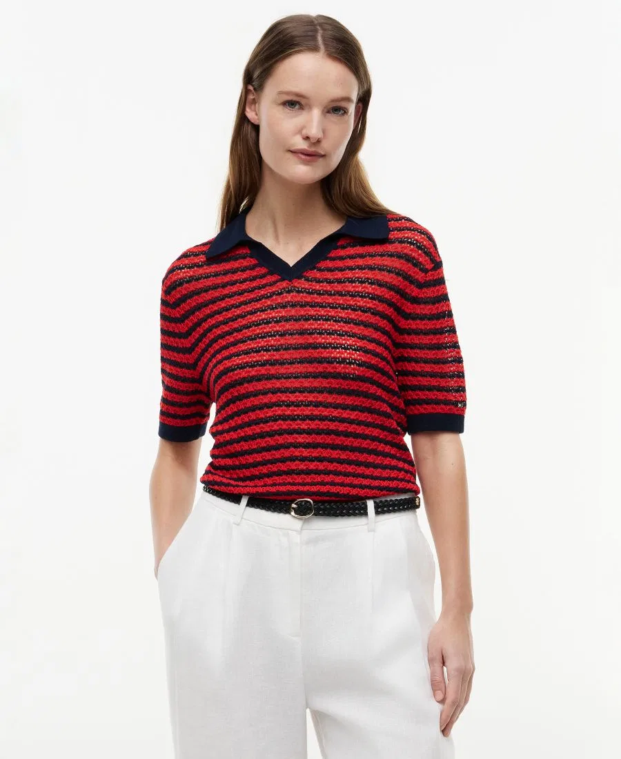 Свитер с воротником и V-вырезом Pointelle Tommy Hilfiger, Dark Night Navy/Fire Red Stripe