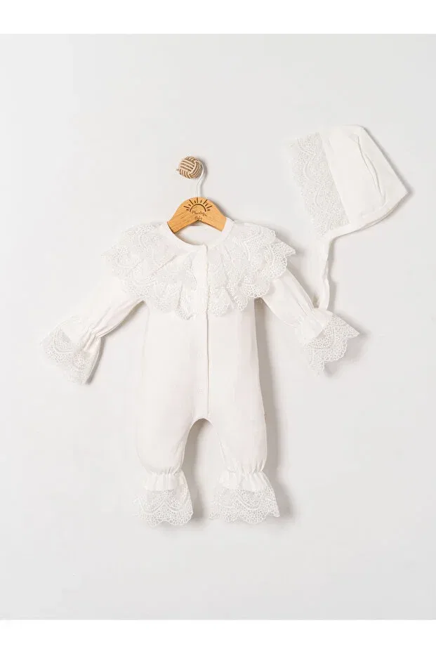 Детский комбинезон для девочек хлопковый Mevlutluk Jumpsuit With Lace Bandana Miniday Baby, Ecru — фото 2