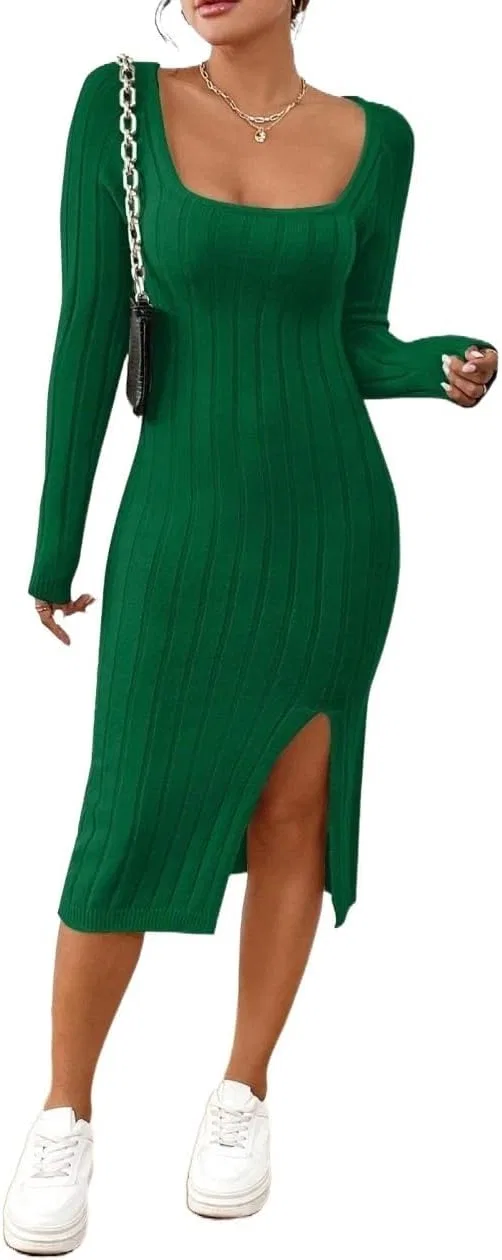 Женское платье-свитер с квадратным вырезом Casual, Green