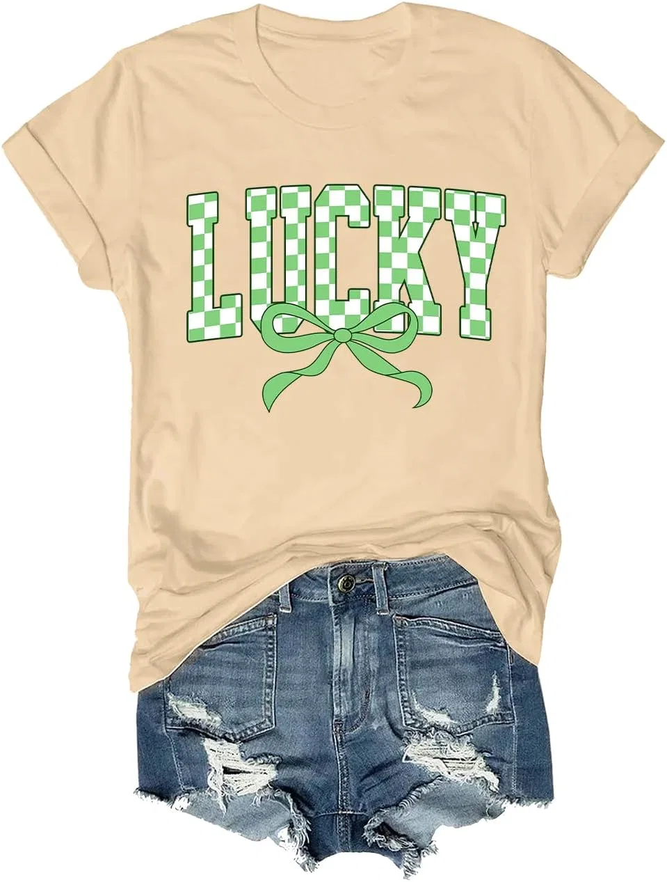 Unisex футболка с принтом Retro Checkered Lucky St Patrick's Day, Khaki