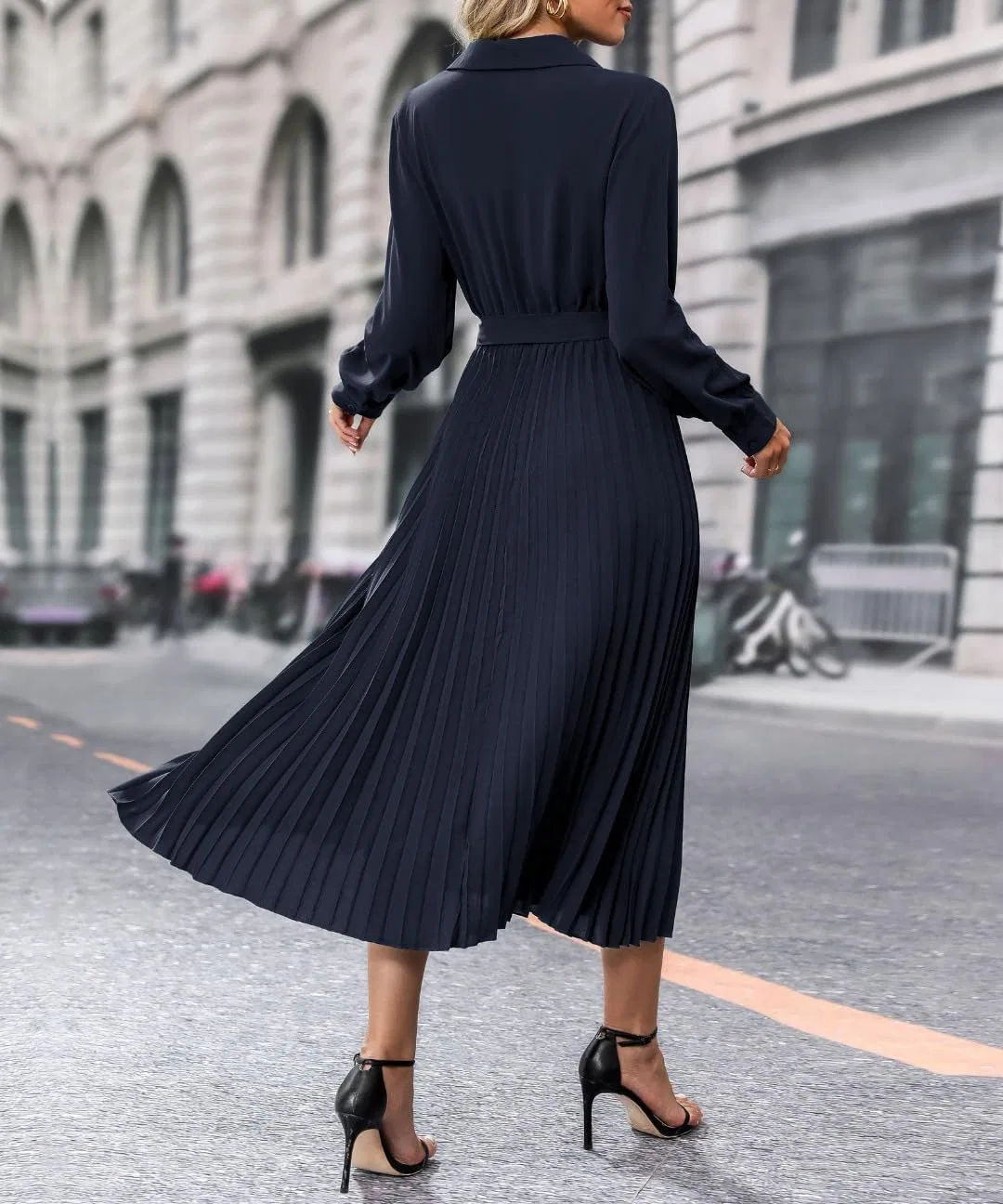 Женское платье миди с V-образным вырезом A-LINE, Navy Blue — фото 3