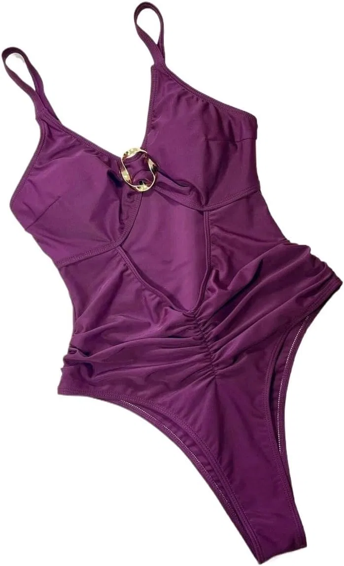 Женский цельный купальник с открытой спиной и высоким вырезом, Purple