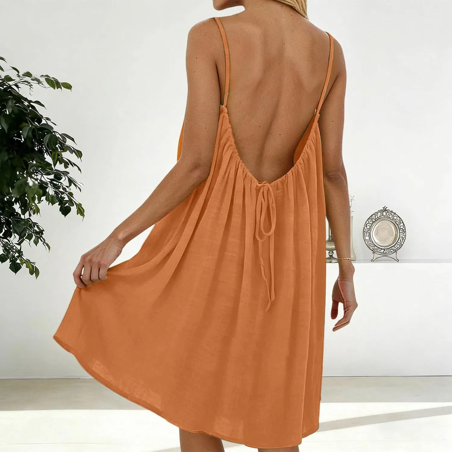 Женское пляжное льняное платье-макси с открытой спиной, Orange — фото 3