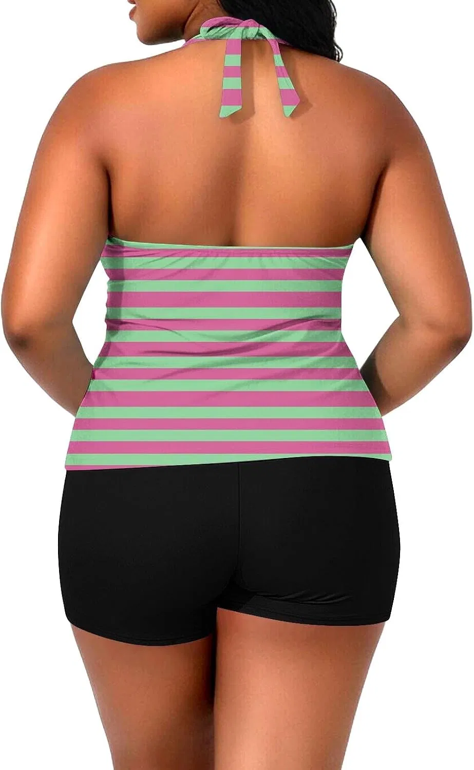 Женский купальный костюм халтер с V-вырезом Plus Size, Pink — фото 3