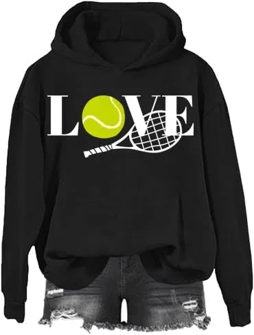Женский свитшот с принтом Love Tennis, хлопковый, чёрный