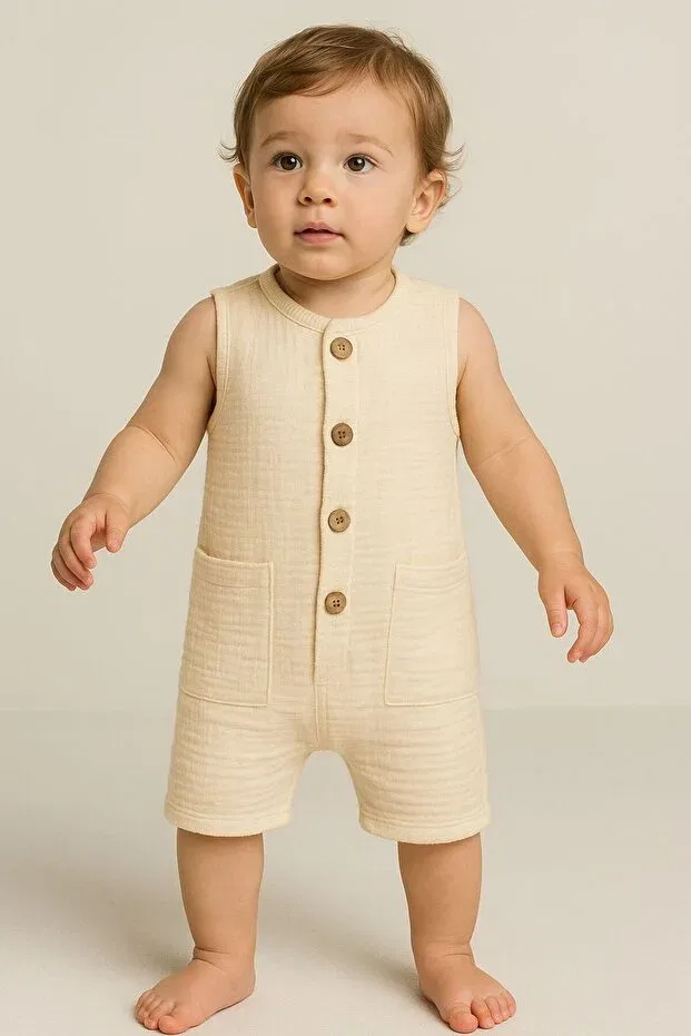 Детский комбинезон для девочек хлопковый Organic Muslin Summer Natural Baby Jumpsuit With Pockets Mai Perla, Nude Color